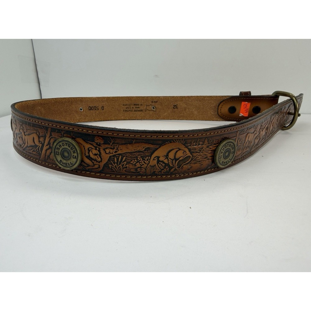 Dixie Genuine Leather Belt Wildlife Designs Shotgun Shell Buttons Hunting Sz 32
